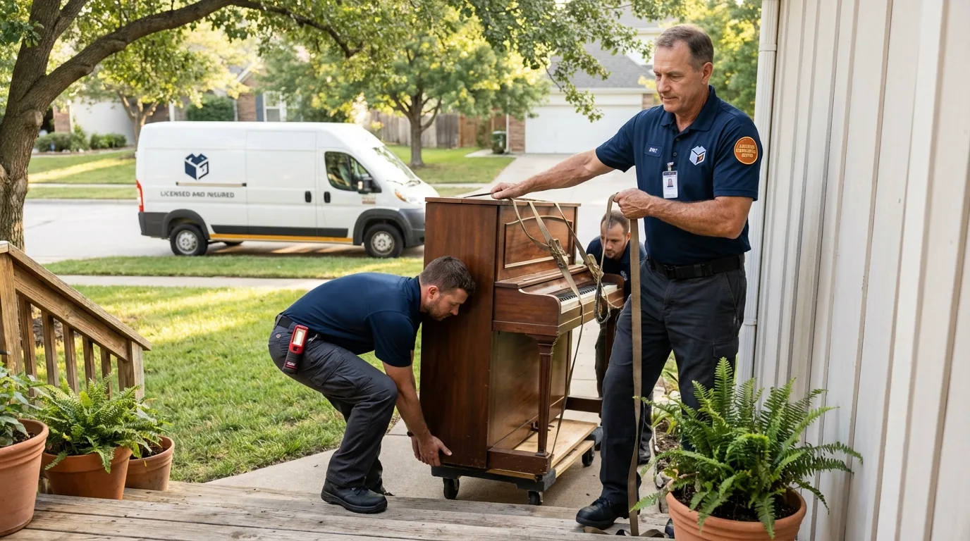 Licensed piano movers securing grand piano in Benicia, CA