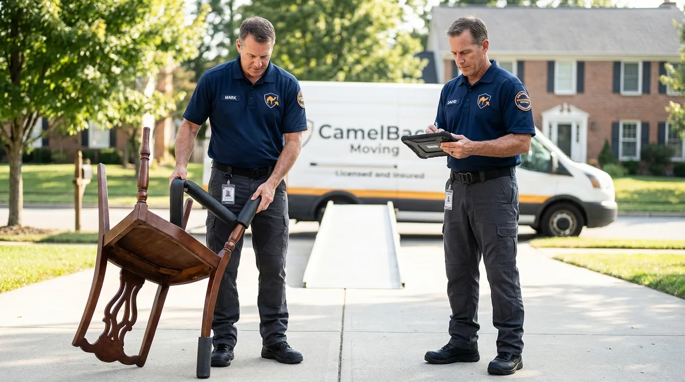 Movers inspecting furniture for damage prevention before loading in Benicia, CA